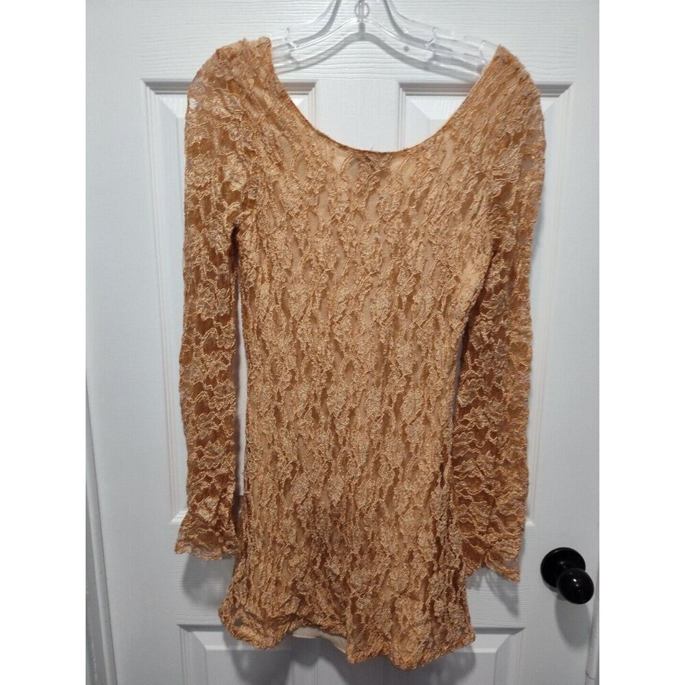 Angie Tan Stretchy Boho Flare Lace Overlay Long Bell Sleeve Dress - Size Medium - Picture 2 of 6